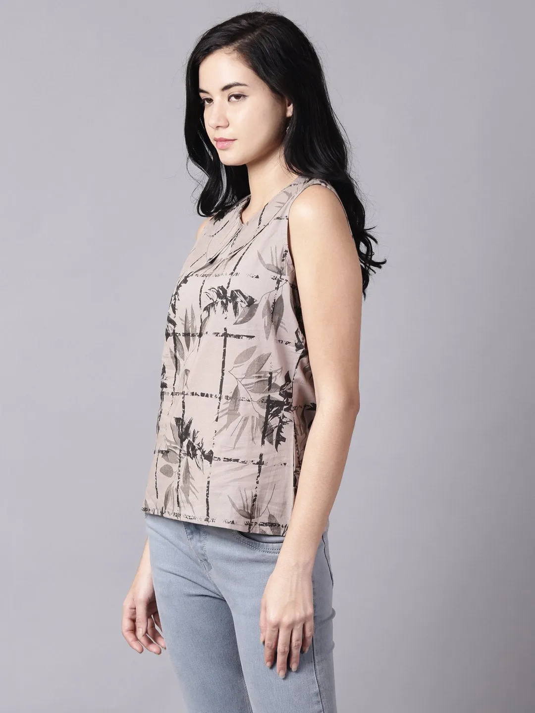 Women Grey Casual Printed Peter Pan Collar Top