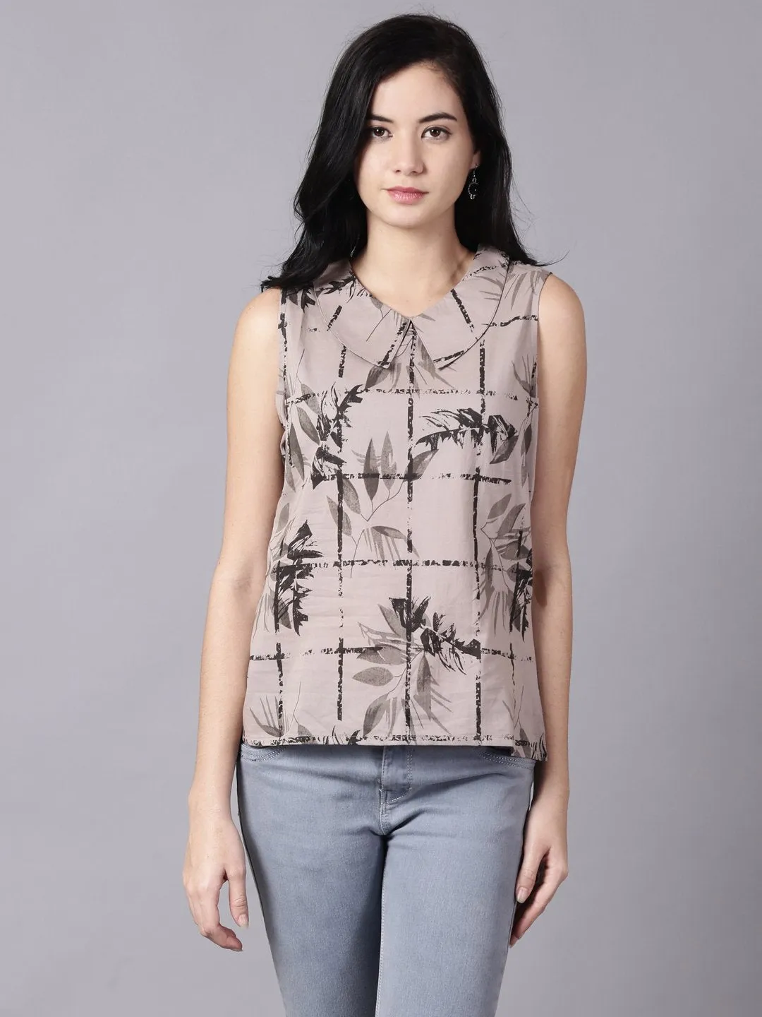 Women Grey Casual Printed Peter Pan Collar Top