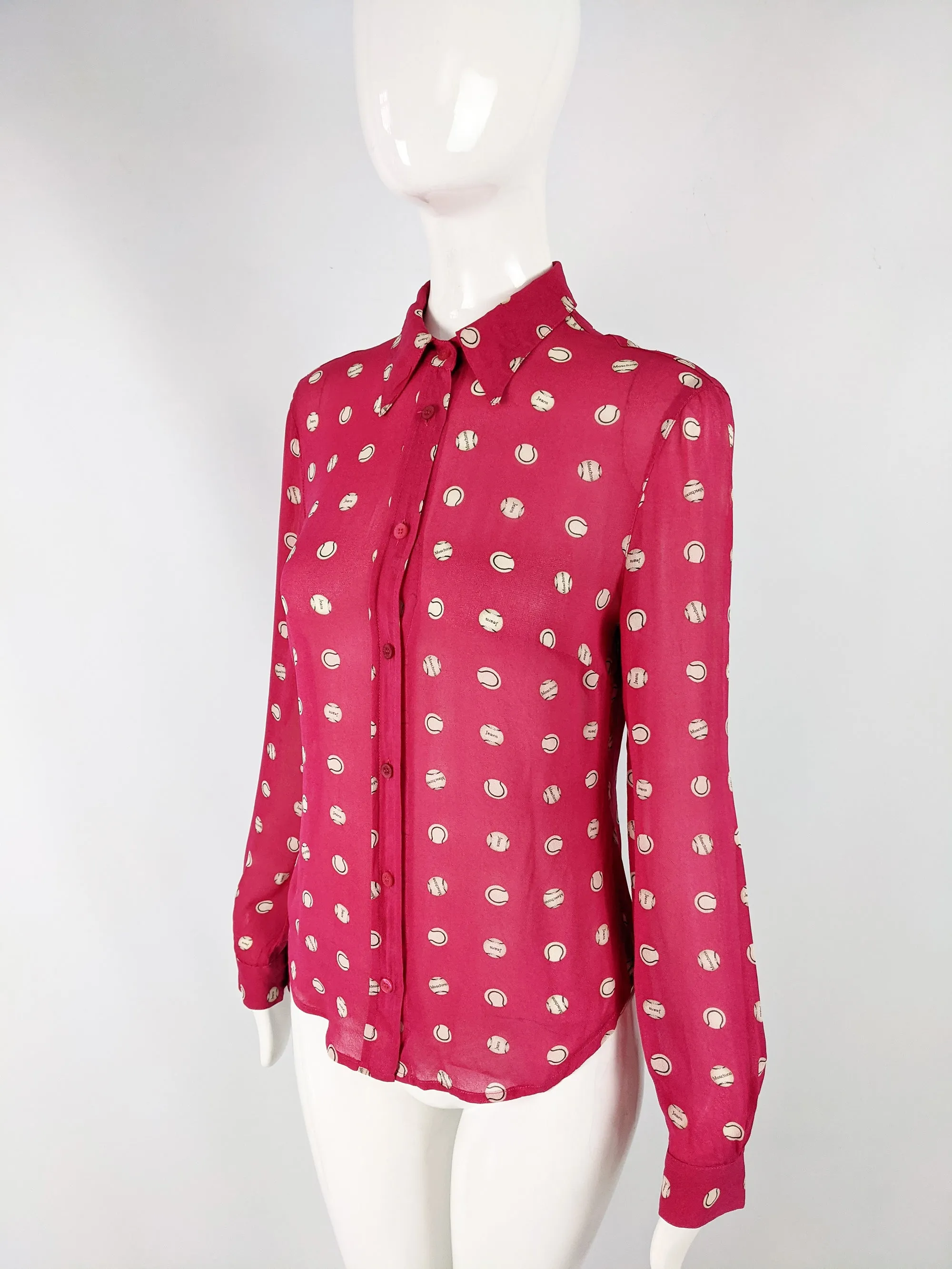 Womens Vintage Sheer Pink Baseball Pattern Blouse, Y2K