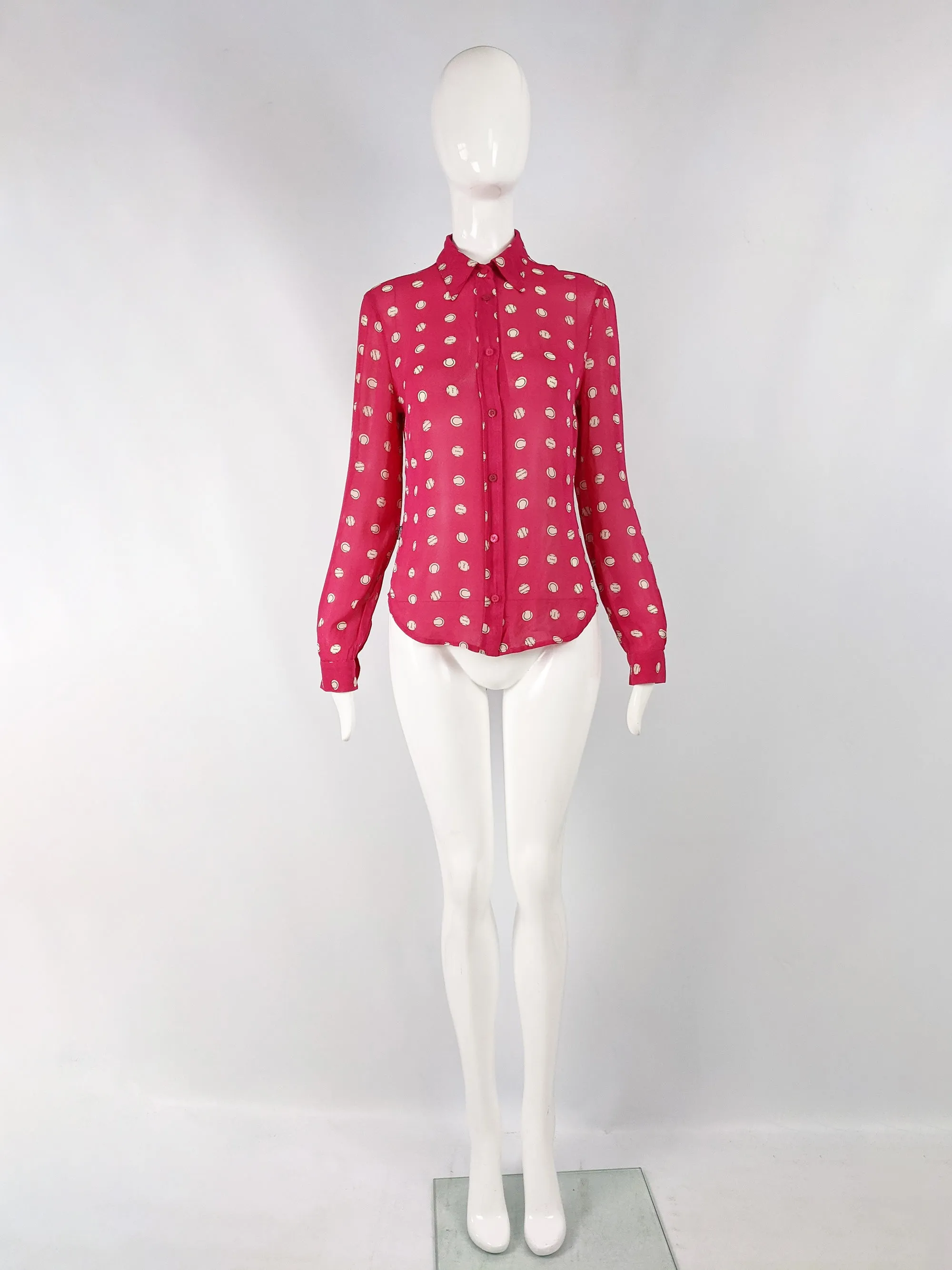 Womens Vintage Sheer Pink Baseball Pattern Blouse, Y2K