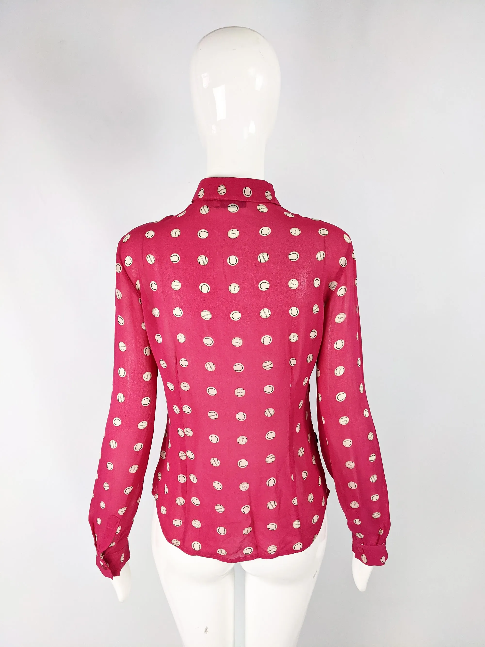Womens Vintage Sheer Pink Baseball Pattern Blouse, Y2K